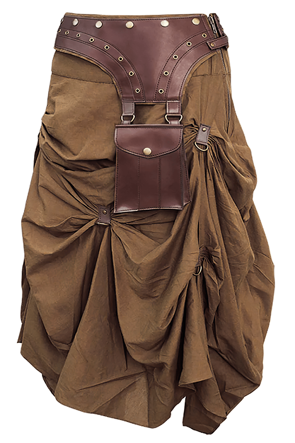 Alt Tag: Brown Steampunk Ruched Midi Skirt with Belt Pouch tan brown gathered Victorian skirt with buckled pouch, D-rings, draped volume