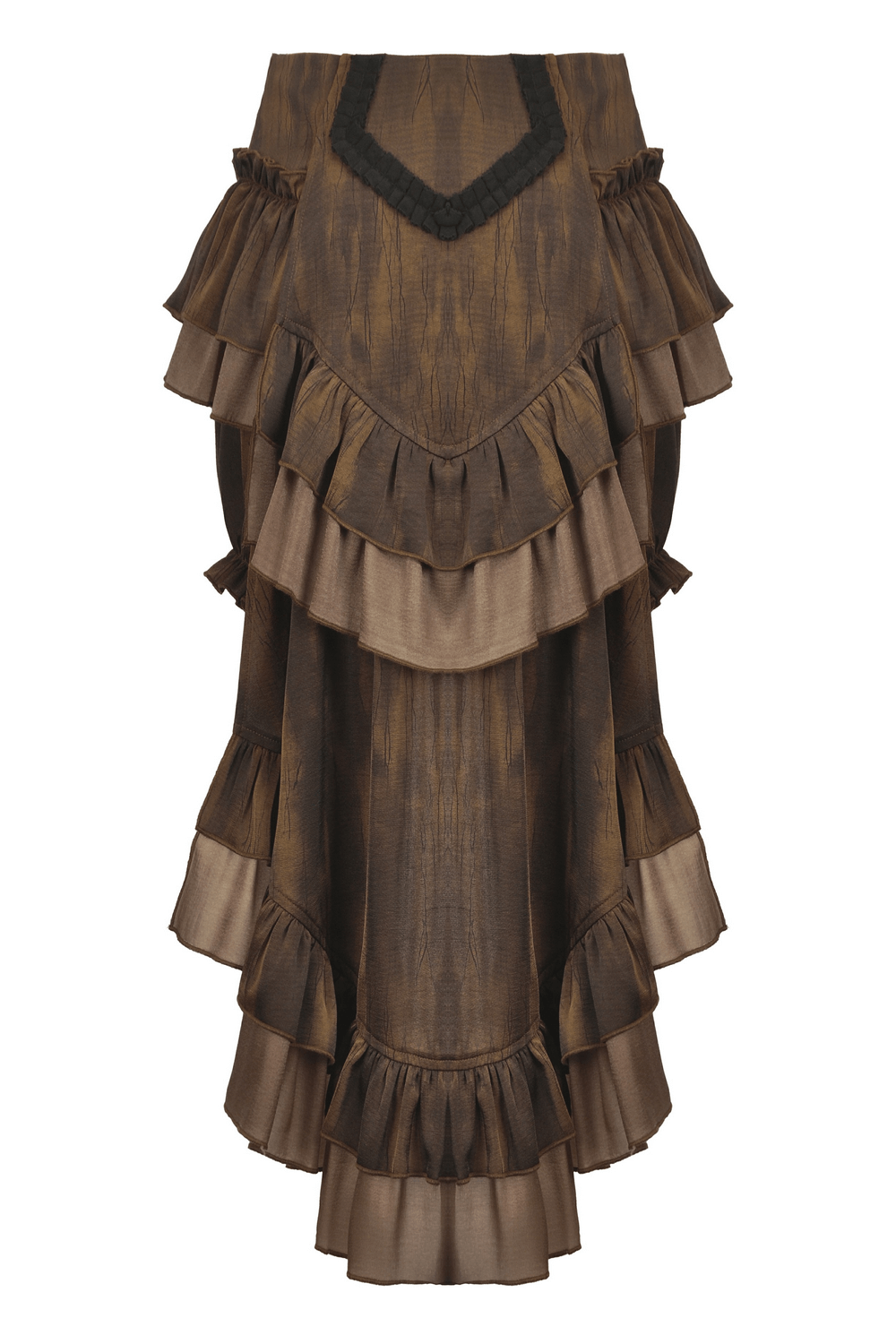 Brown steampunk ruffled skirt shorts with long back hem and layered design, perfect for gothic fashion lovers.