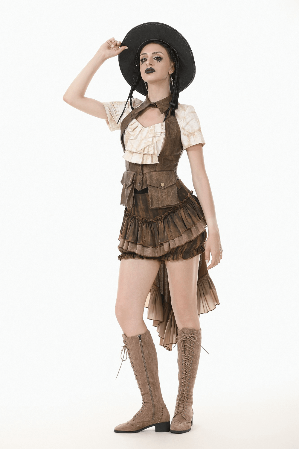 Model showcasing brown steampunk ruffled skirt shorts with a cascading train and vintage details.