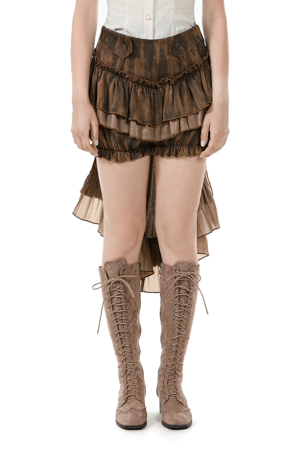 Brown steampunk ruffled skirt shorts with layered design and long back hem, styled with lace-up boots.