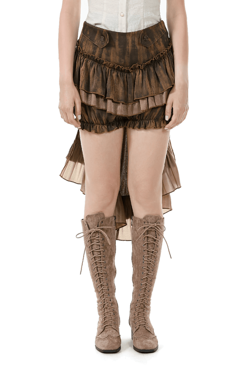 Braune Steampunk-Rockshorts mit Rüschen und langem Rückensaum