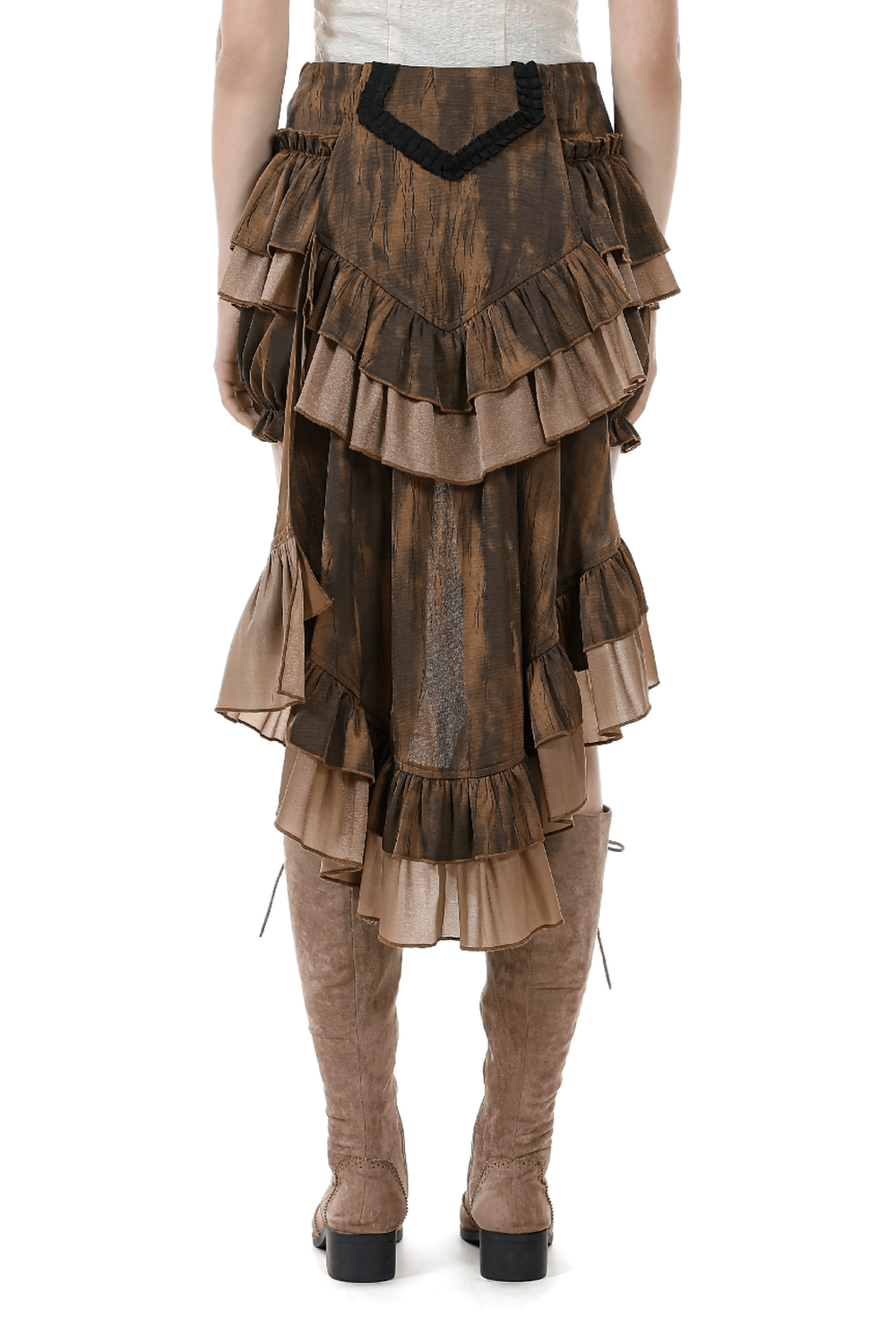Brown steampunk ruffled skirt shorts with long back hem, showcasing layered design from behind.
