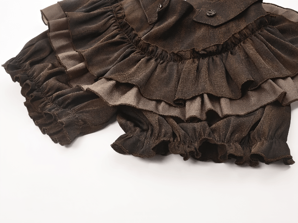 Brown steampunk ruffled skirt shorts featuring a vintage layered design and dramatic cascading train.