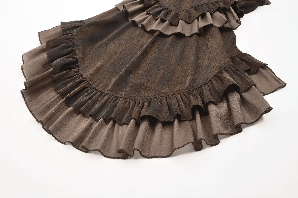 Brown steampunk ruffled skirt shorts with layered design and dramatic cascading train.