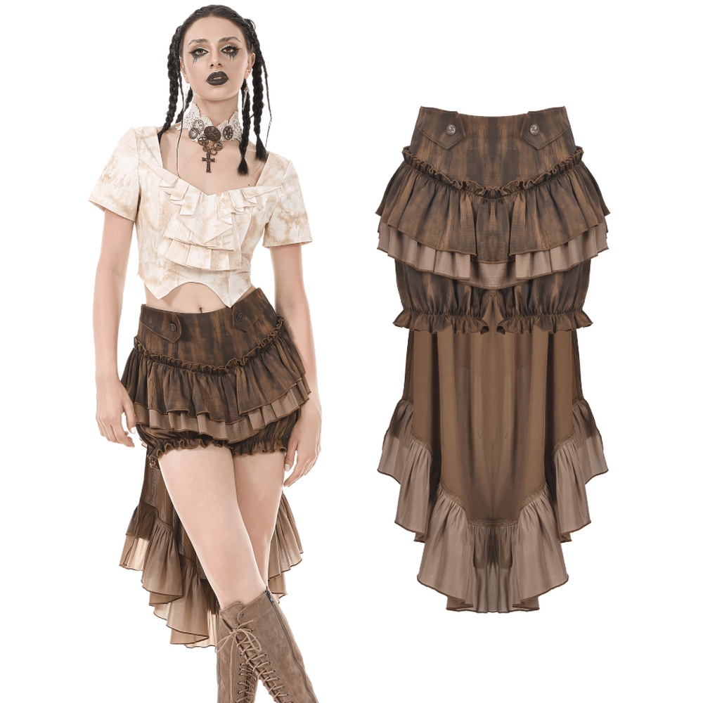 Brown steampunk ruffled skirt shorts with long back hem, featuring a layered gothic design and vintage look.