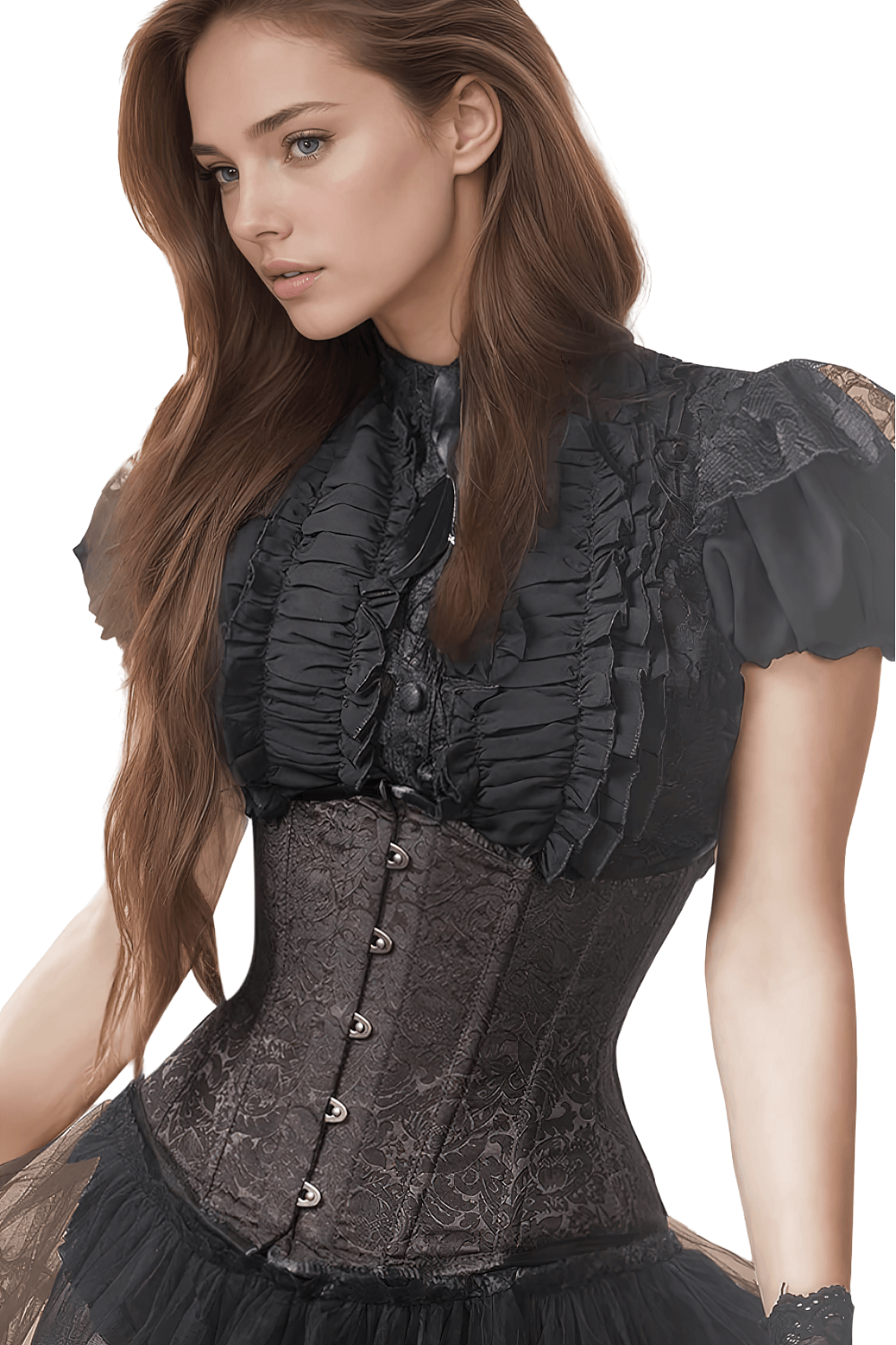 Elegant woman wearing a brown steampunk underbust corset with ruffled blouse, highlighting an hourglass silhouette.