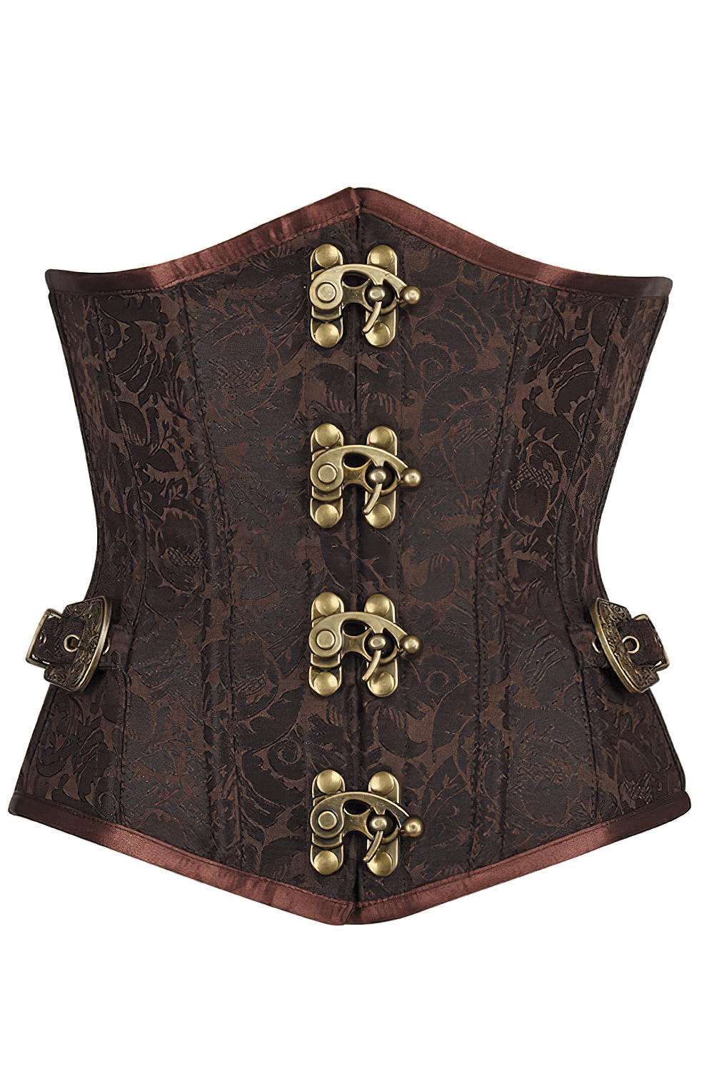 Alt Tag: Brown Steampunk Underbust Corset With Metal Clasp, ornate brocade waist cincher with antique buckle details and front clasps