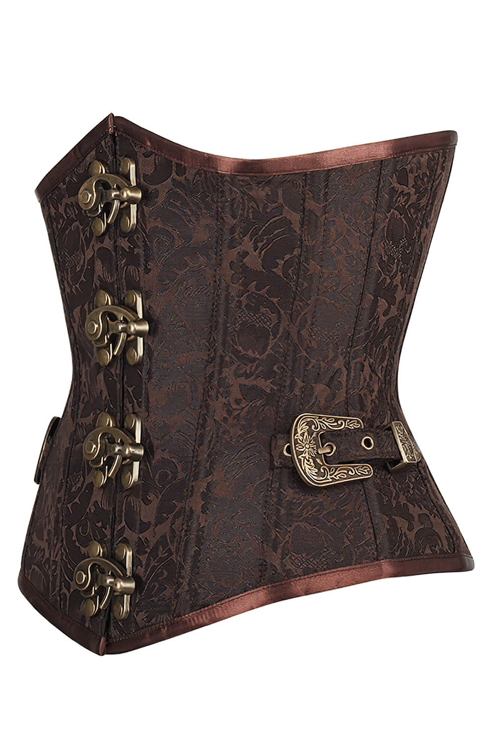 Alt Tag: Brown Steampunk Underbust Corset With Metal Clasp brown brocade Victorian gothic underbust corset with steel boning, buckle accents