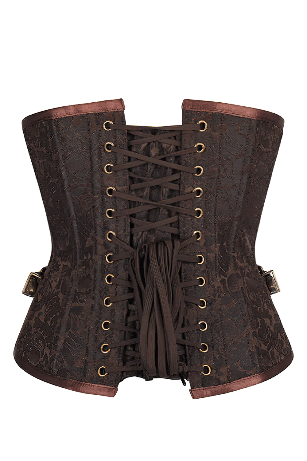 Alt Tag: Brown Steampunk Underbust Corset With Metal Clasp, brown brocade gothic waist cincher with back lacing, steel boning and buckle accents