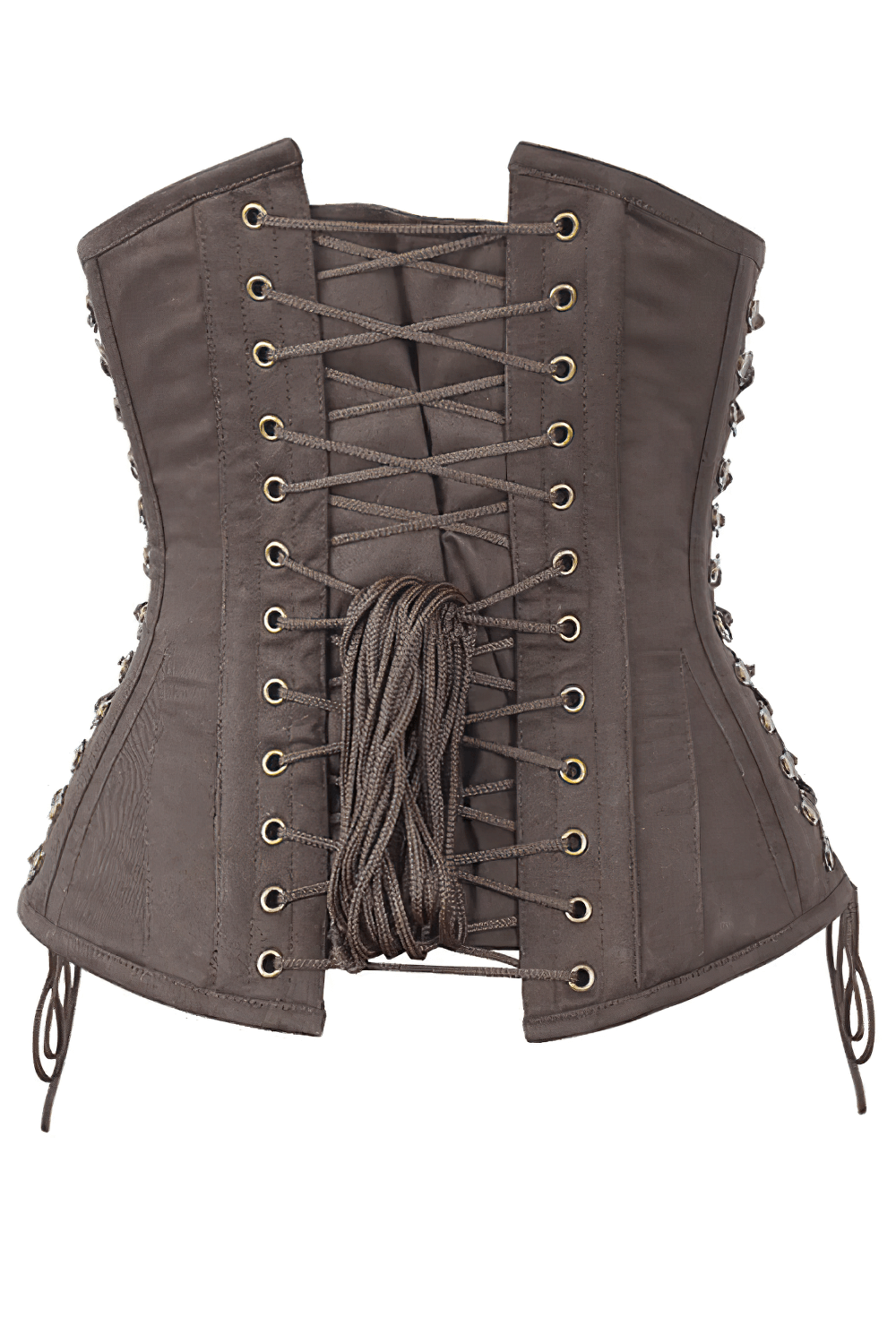 Alt Tag: Brown Steampunk Underbust Waist Cincher Corset with lace-up front, steel boned gothic underbust shaper in brown