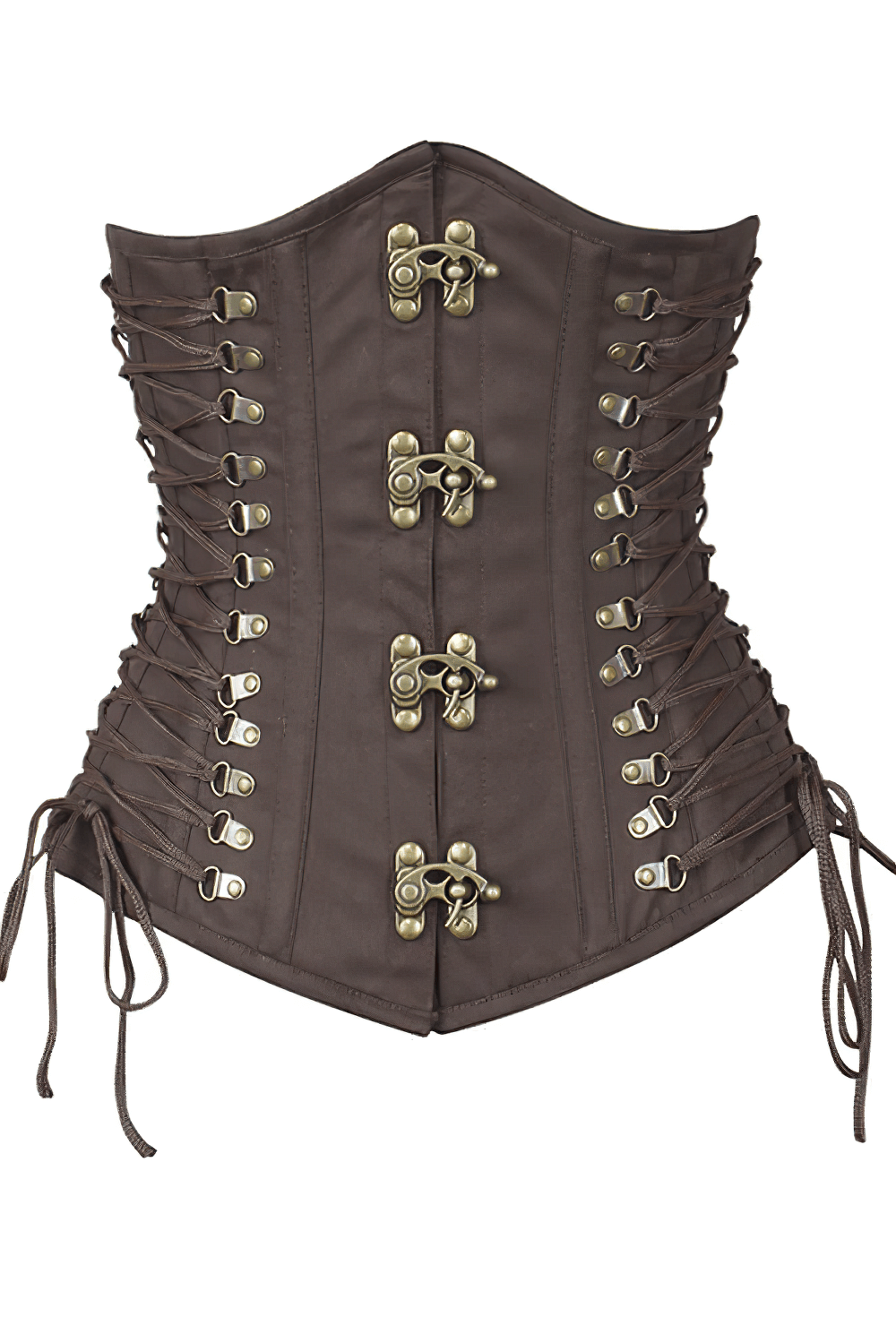 Alt Tag: Brown Steampunk Underbust Waist Cincher Corset with steel boning, side lace-up panels, and antique brass clasps