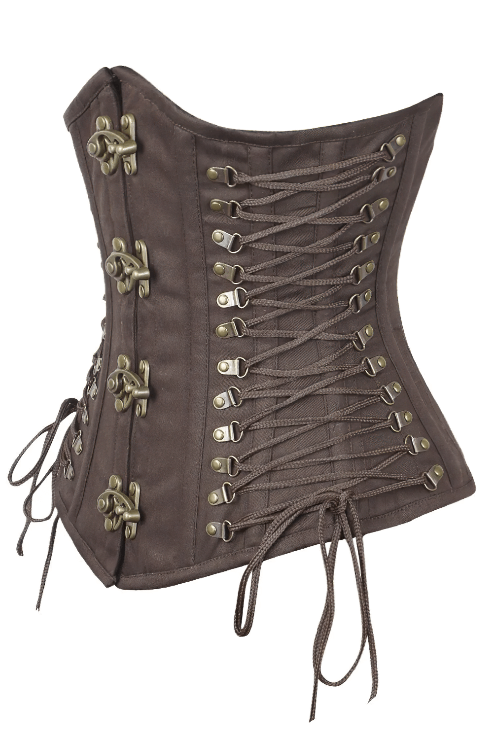Alt Tag: Brown Steampunk Underbust Waist Cincher Corset brown steel-boned underbust shaper with lace-up sides and antique metal clasps