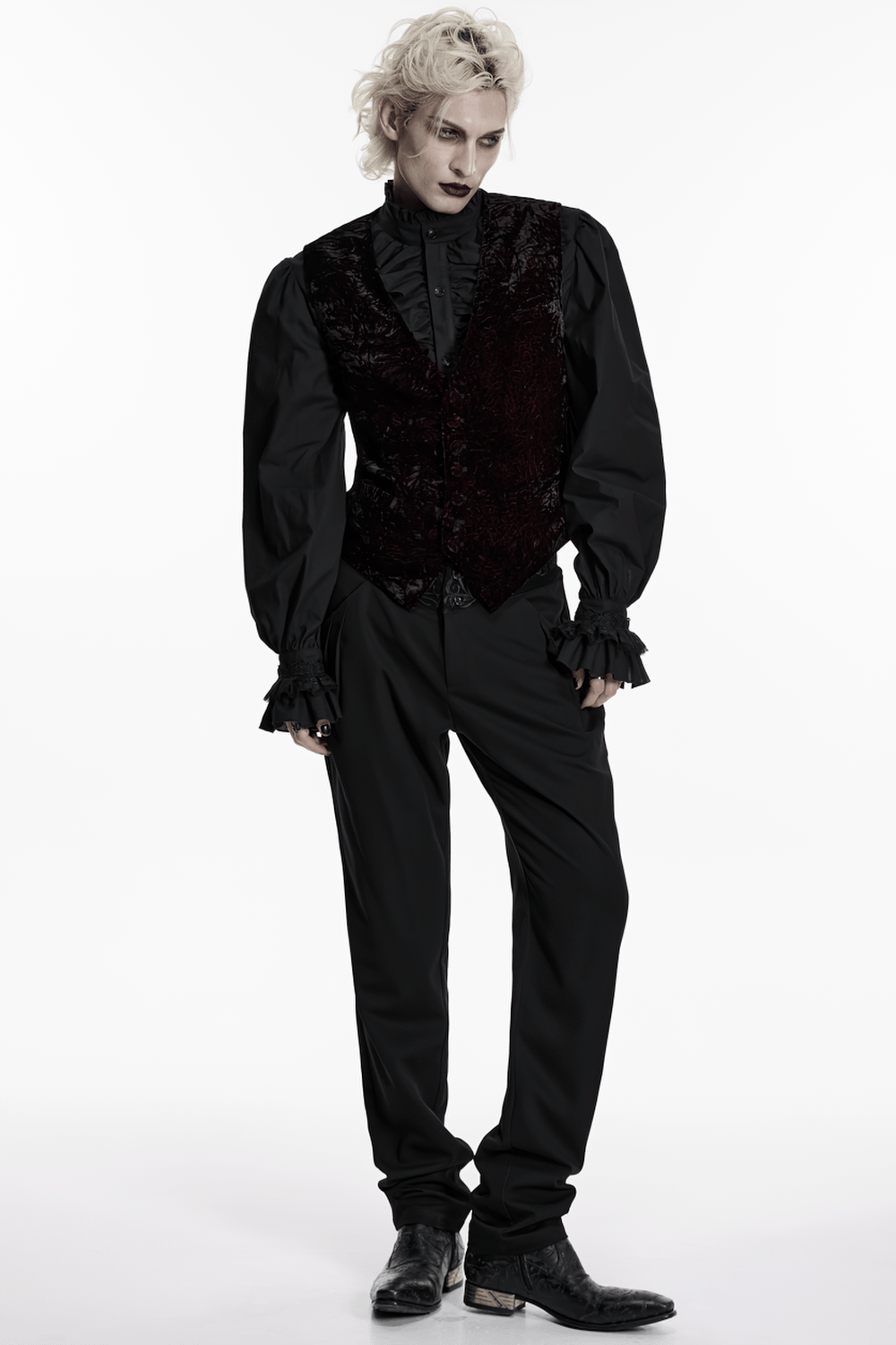 Burgundy-Black Gothic Velvet Waistcoat Vest for Men worn over a black shirt, showcasing a dark gothic style.