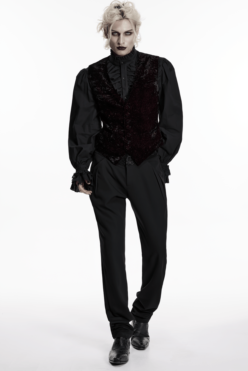Burgundy-Black Gothic Velvet Waistcoat Vest for Men worn by a model in a dramatic pose, showcasing retro gothic style.
