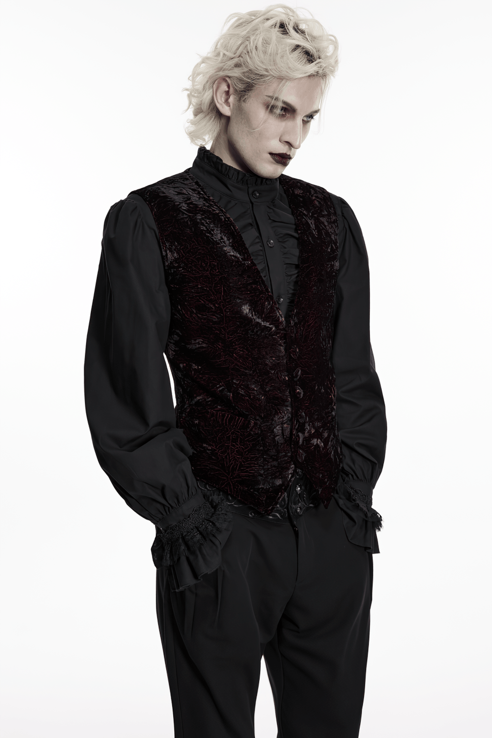 Burgundy-Black Gothic Velvet Waistcoat Vest for Men worn by model with styled hair.