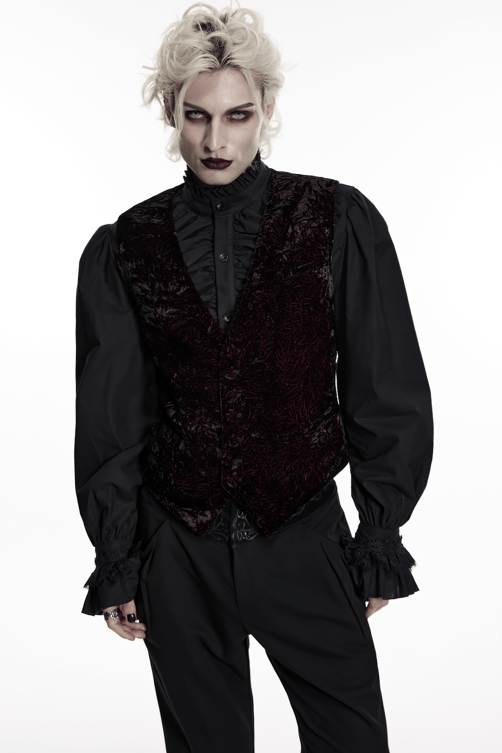 Burgundy-Black Gothic Velvet Waistcoat Vest for Men worn by a model showcasing its dark refinement and retro style.