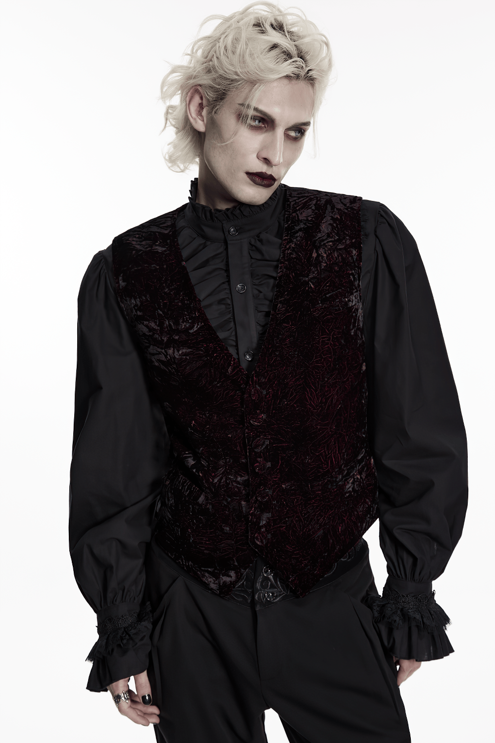 Burgundy-Black Gothic Velvet Waistcoat Vest for Men worn by a model with striking gothic style.
