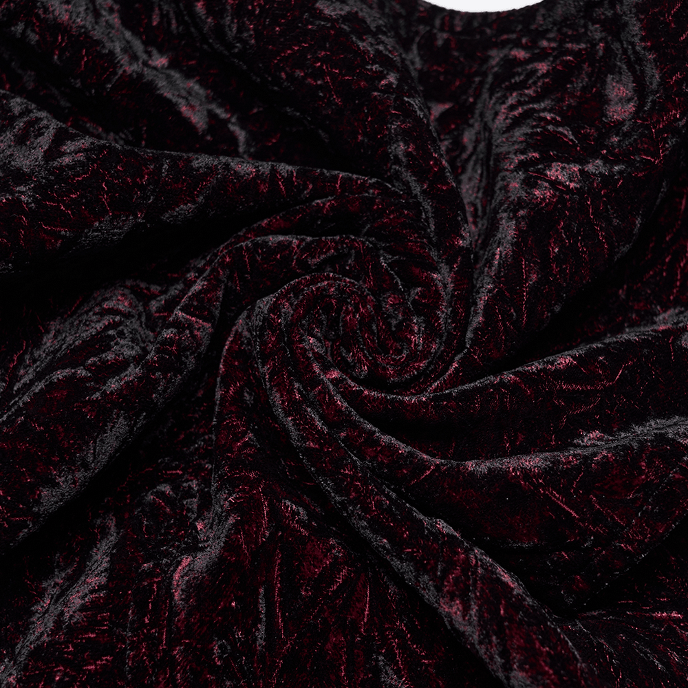 Close-up of lustrous burgundy-black patterned velvet fabric for Gothic fashion, perfect for a Burgundy-Black Gothic Velvet Waistcoat Vest for Men.
