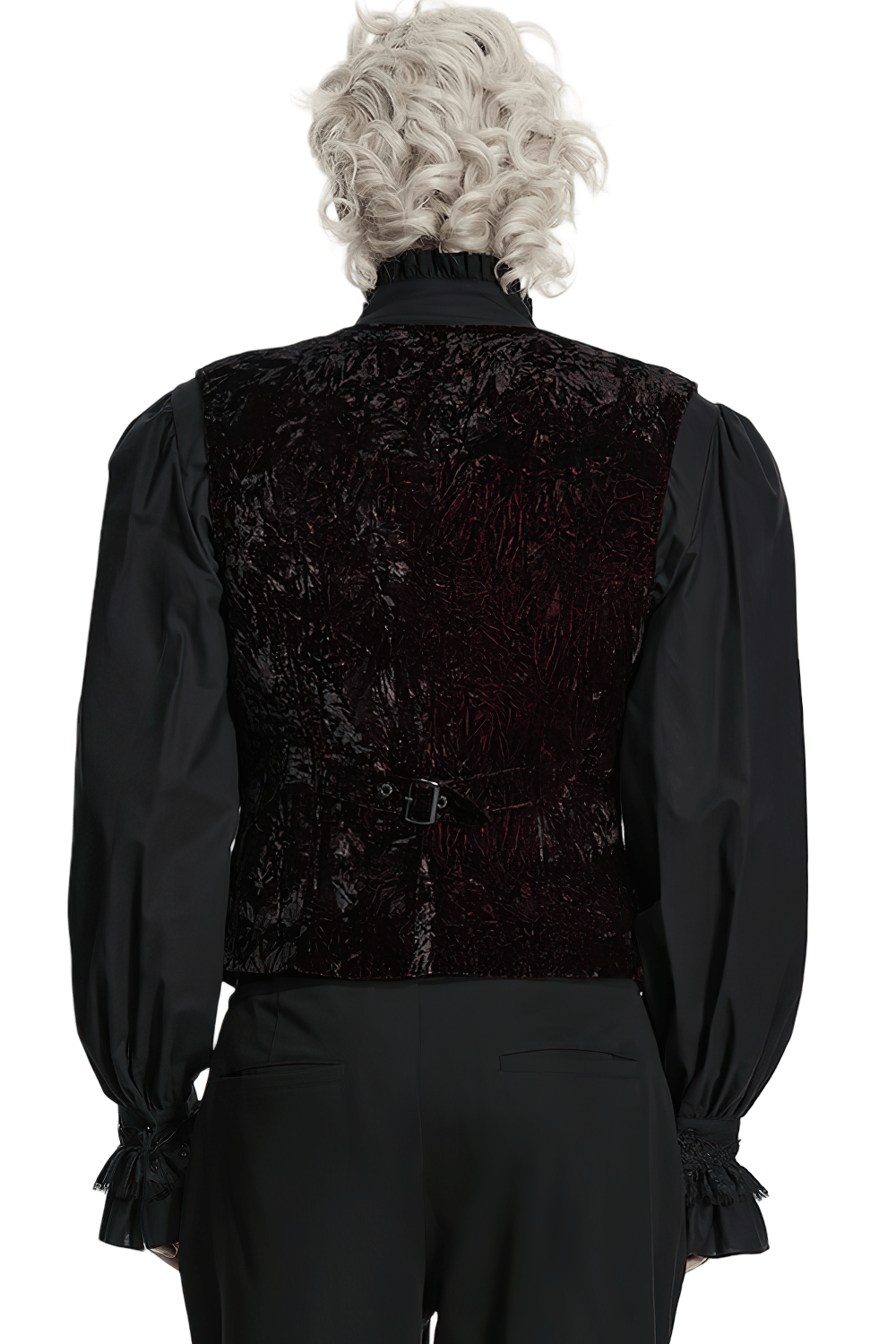 Back view of Burgundy-Black Gothic Velvet Waistcoat Vest for Men, showcasing its rich patterned texture and cinching back strap.