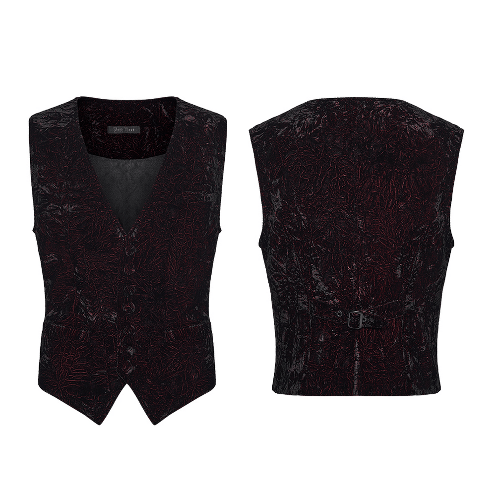 Burgundy-Black Gothic Velvet Waistcoat Vest for Men, featuring a patterned finish and V-neckline.