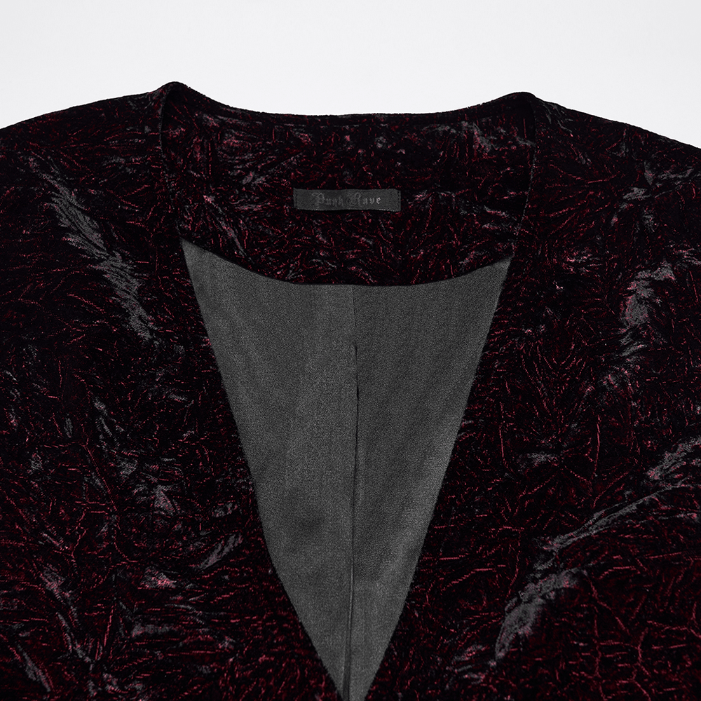 Burgundy-Black Gothic Velvet Waistcoat Vest for Men - close-up of patterned velvet texture and V-neckline.