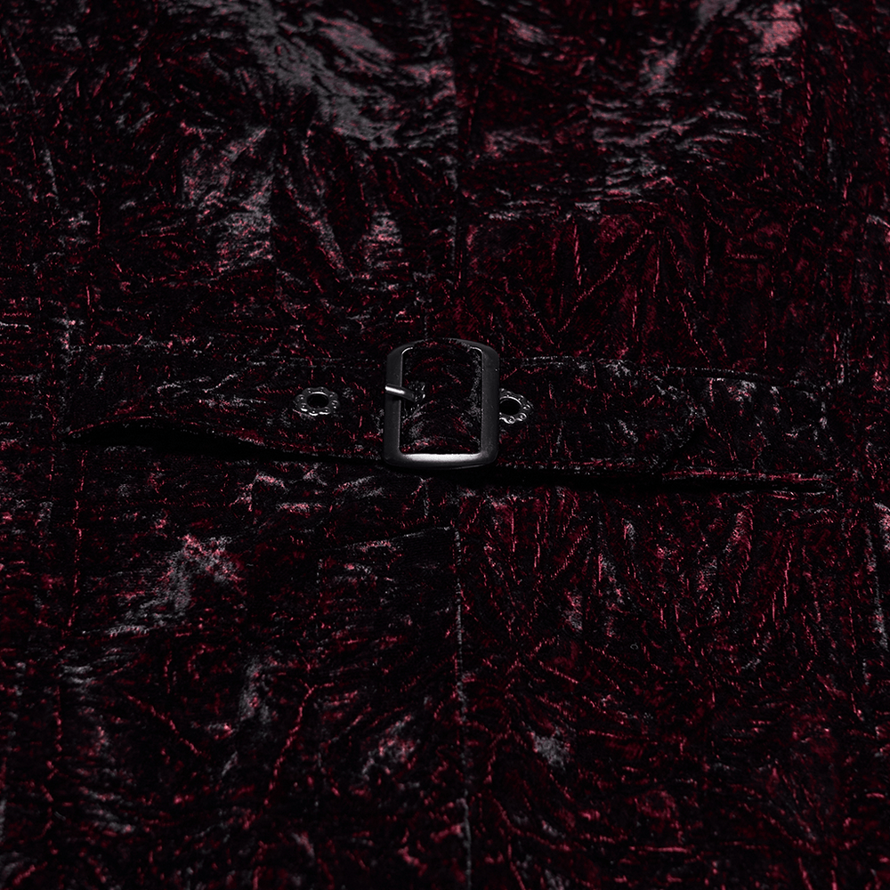 Burgundy-Black Gothic Velvet Waistcoat Vest for Men belt detail with patterned velvet surface.