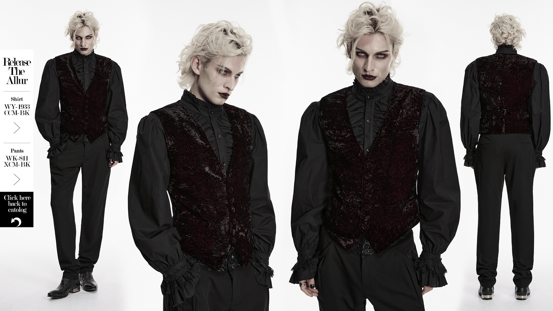 Burgundy-Black Gothic Velvet Waistcoat Vest for Men worn by model showcasing stylish gothic fashion.