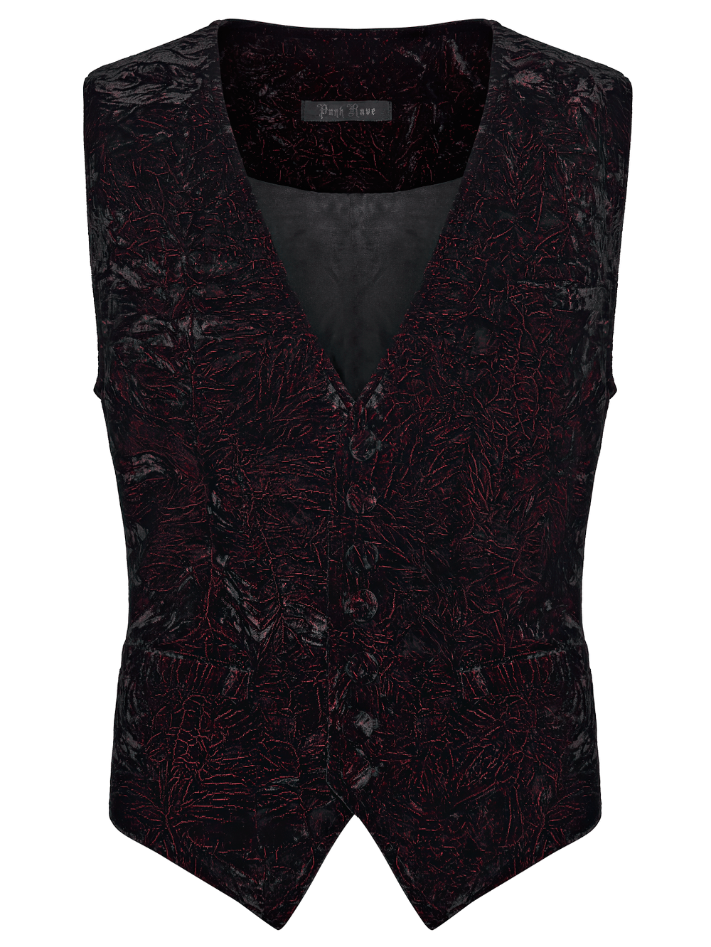 Burgundy-Black Gothic Velvet Waistcoat Vest for Men showcasing patterned velvet with a deep V-neckline and front button closure.