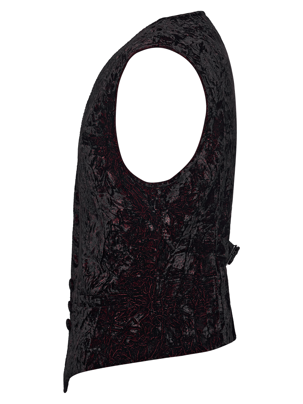 Burgundy-Black Gothic Velvet Waistcoat Vest for Men showcasing its elegant side profile and rich velvet texture.