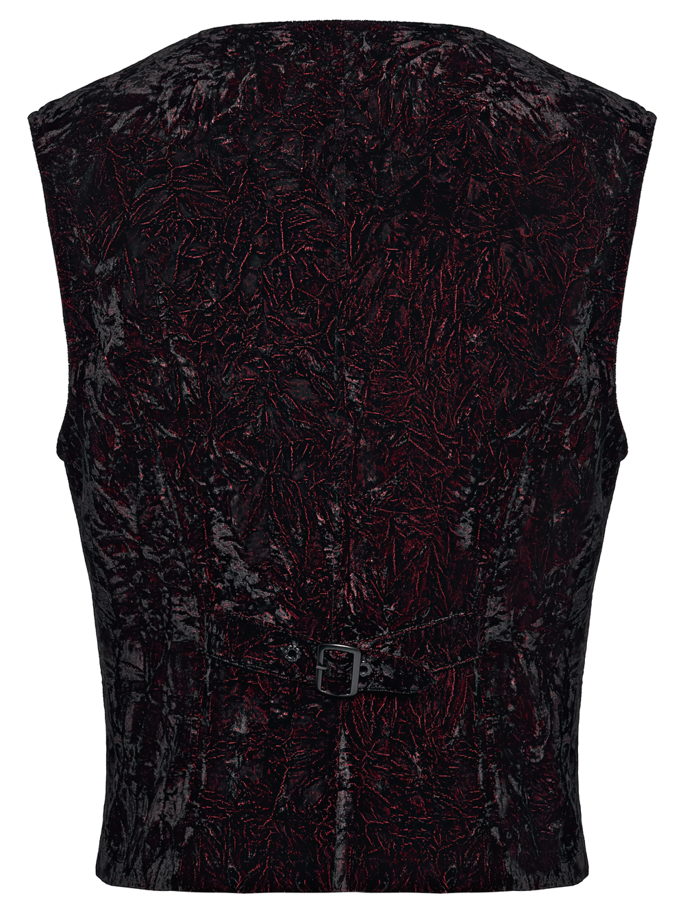 Burgundy-Black Gothic Velvet Waistcoat Vest for Men displaying the intricate patterned finish and cinching back strap.