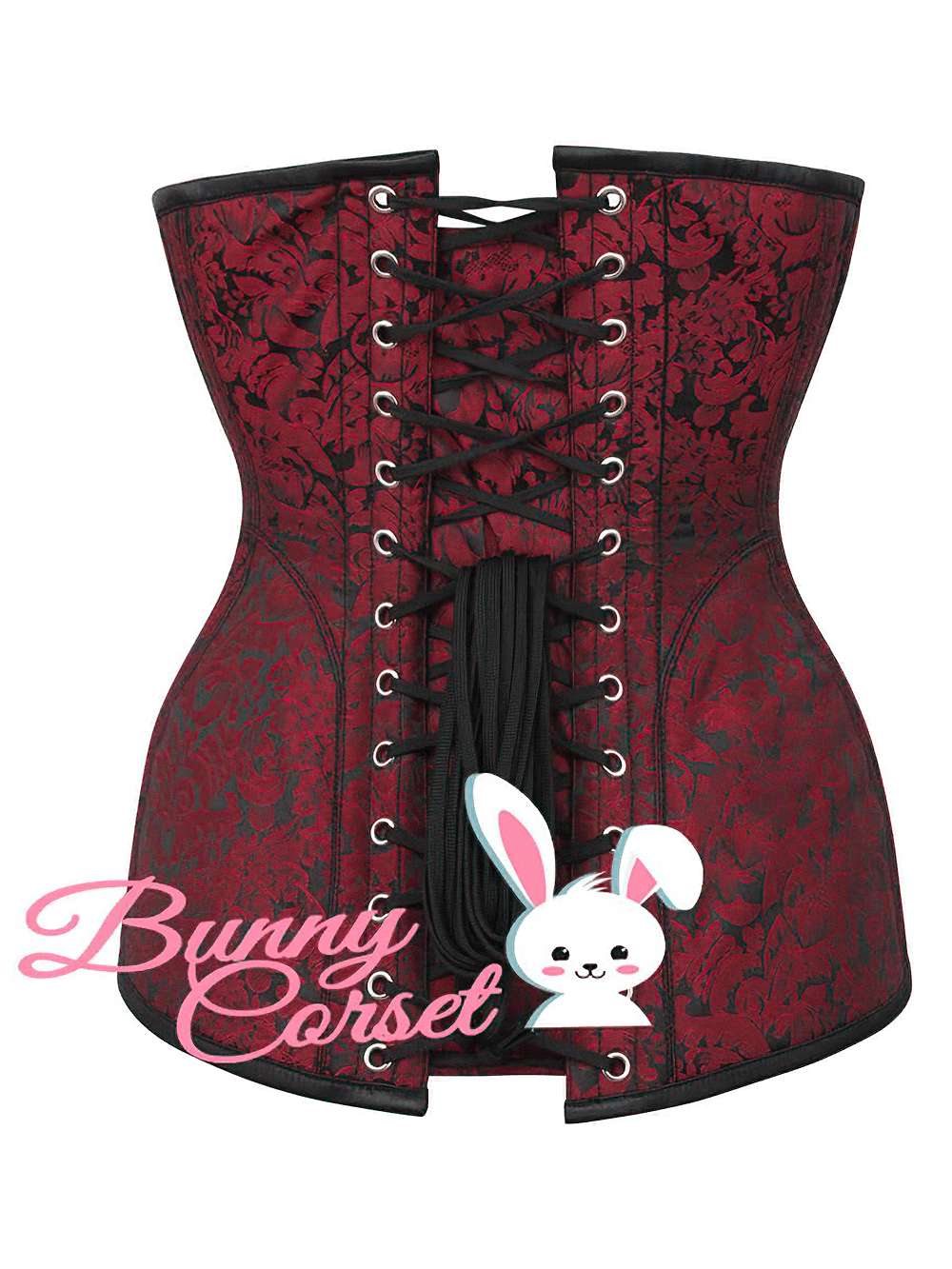 Burgundy brocade waist training corset with spiral and flat steel boning, featuring laces and a stunning floral pattern.