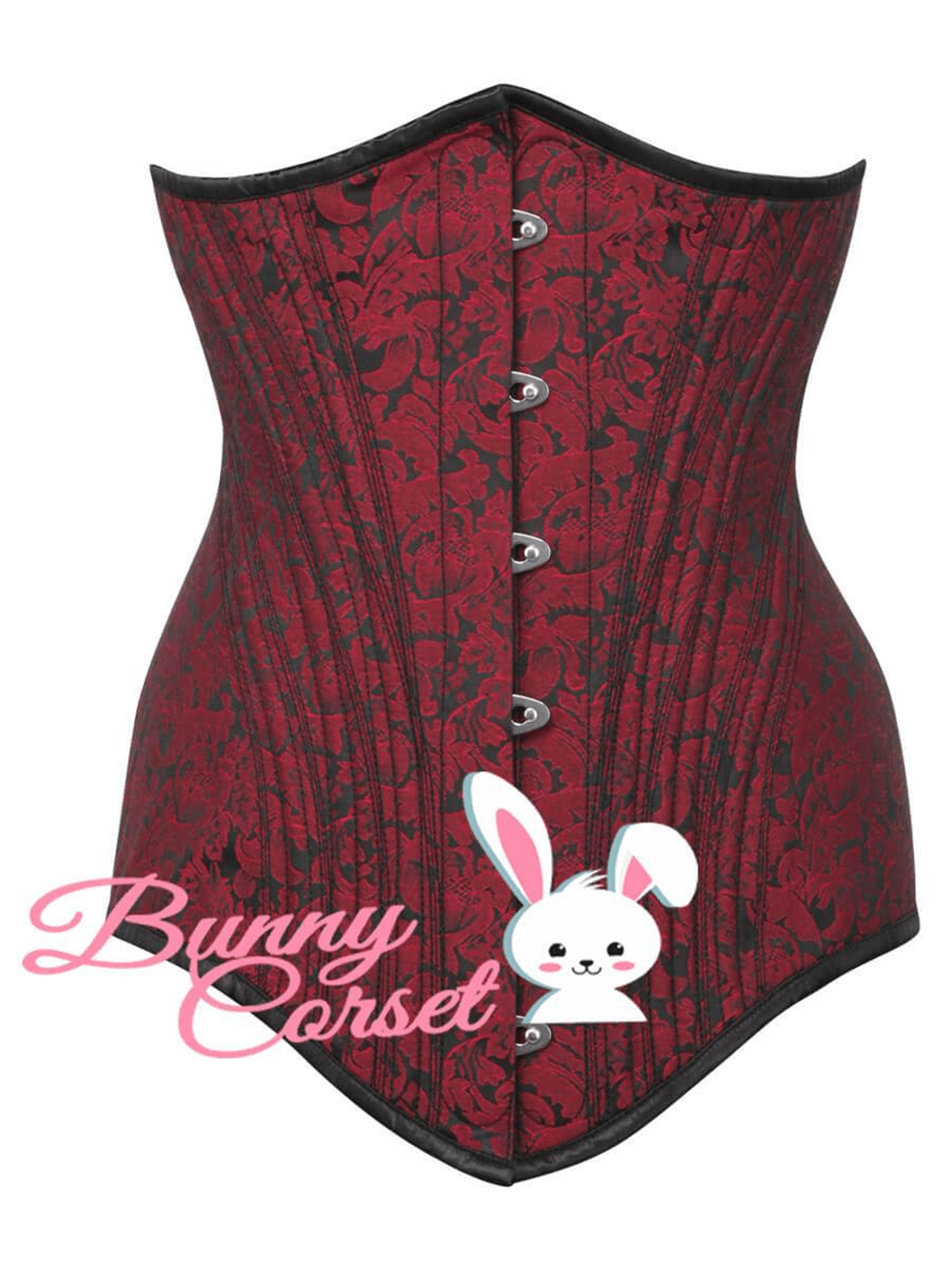 Burgundy brocade waist training corset with steel boning and front busk closure for a gothic silhouette.