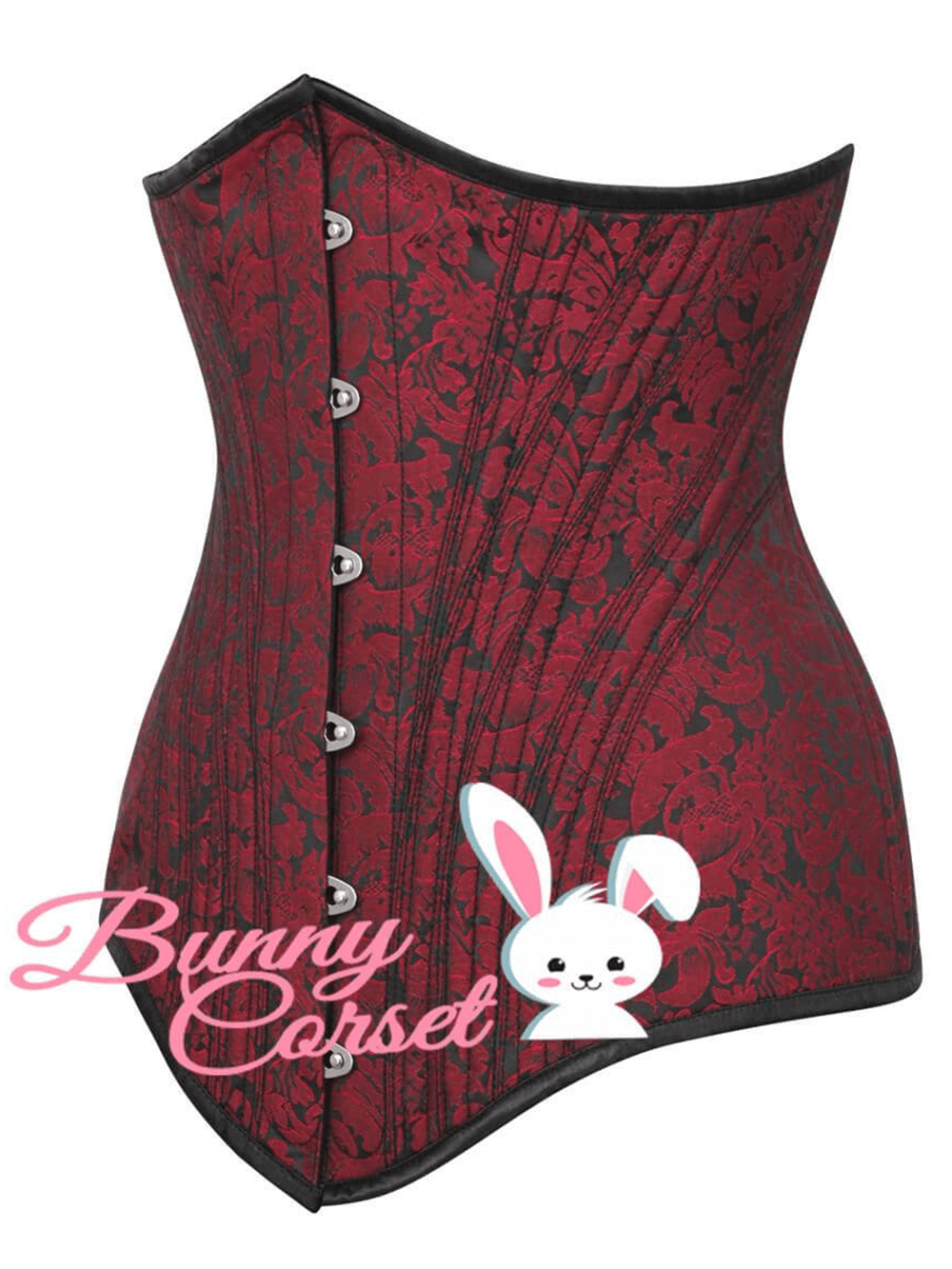 Burgundy brocade waist training corset with steel boning, featuring a stylish design and front metal busk closure.