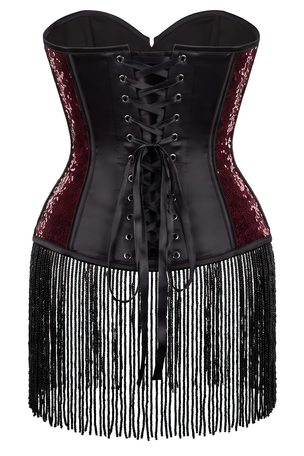 Burgundy Burlesque Overbust Corset with Beaded Fringe Detail black satin and tassel hem