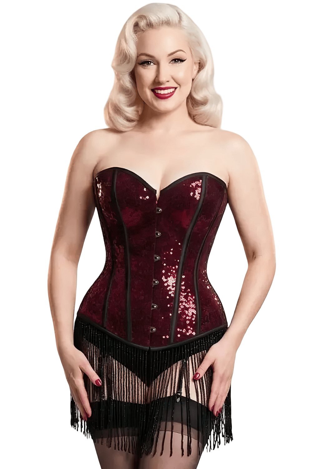 Burgundy Burlesque Overbust Corset with Beaded Fringe Detail, sparkling sequins and showgirl tassel hem