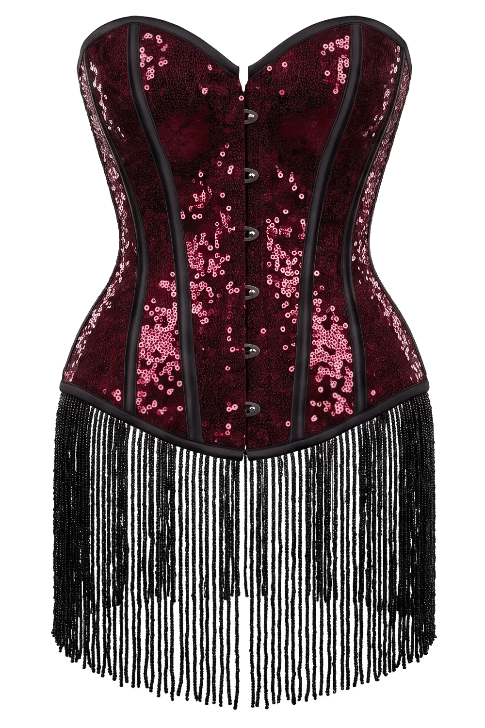 Burgundy Burlesque Overbust Corset with Beaded Fringe Detail, sequin sweetheart bustier with black tassel hem
