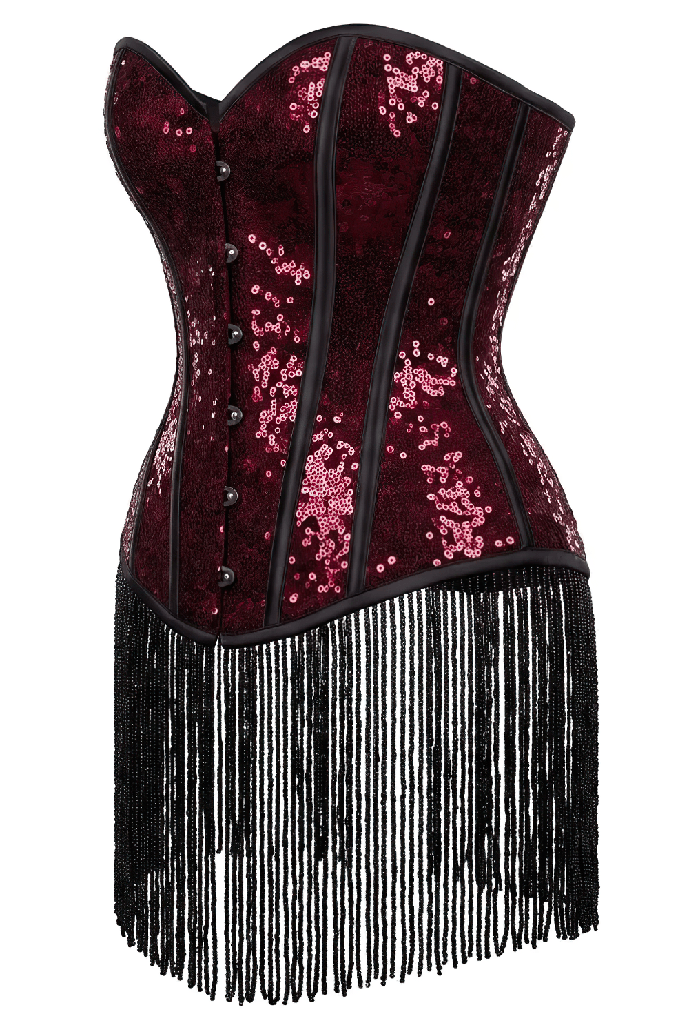 Burgundy Burlesque Overbust Corset with Beaded Fringe Detail, burgundy sequins, black satin trim, sweetheart neckline