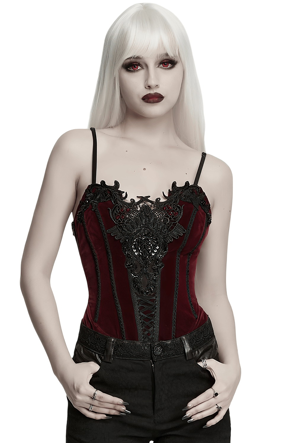 Bordeauxrotes Gothic-Korsett mit schwarzer Spitzenapplikation