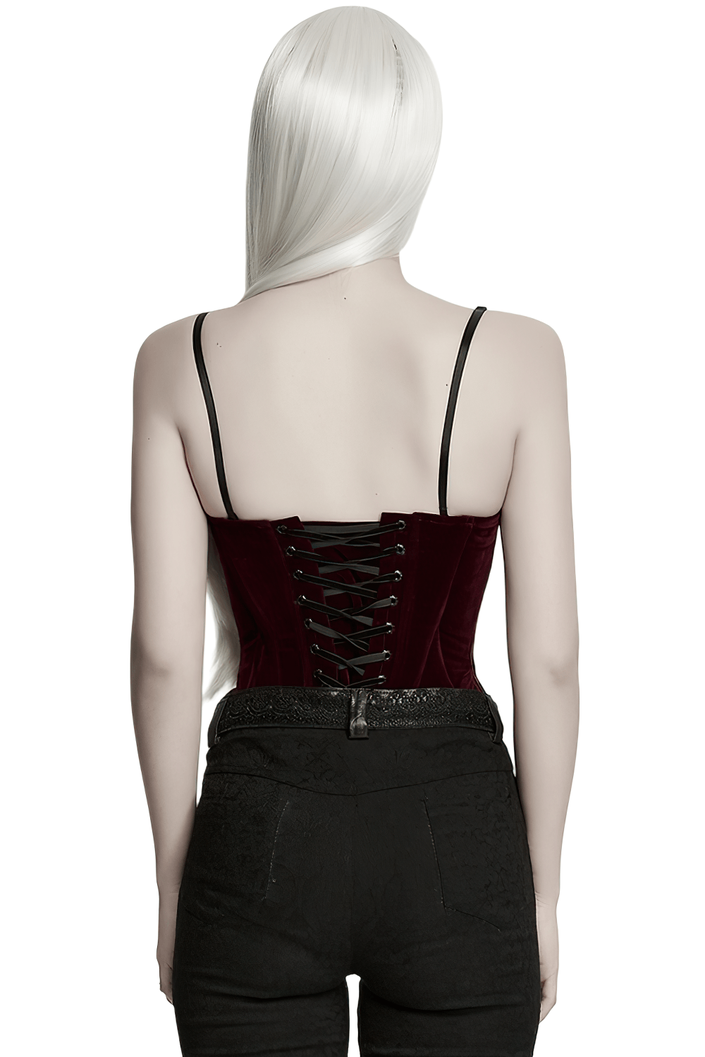 Bordeauxrotes Gothic-Korsett mit schwarzer Spitzenapplikation