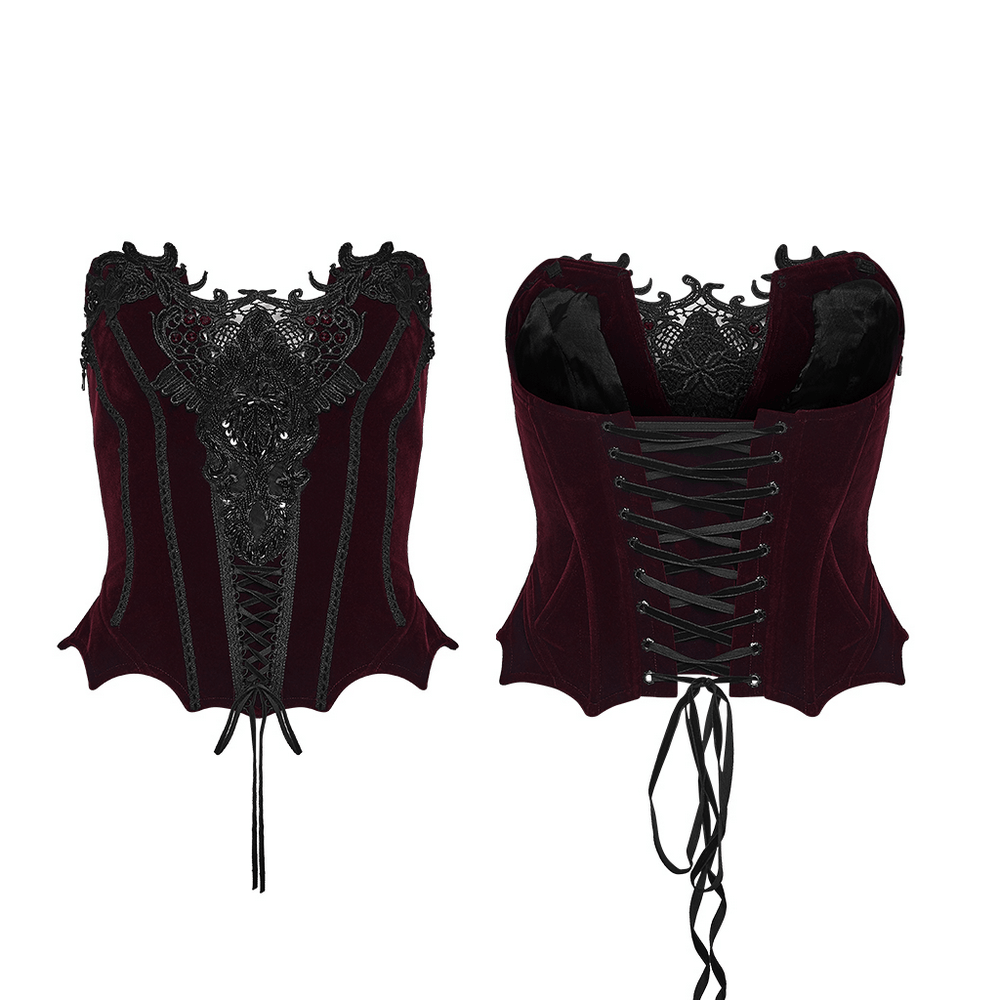Bordeauxrotes Gothic-Korsett mit schwarzer Spitzenapplikation