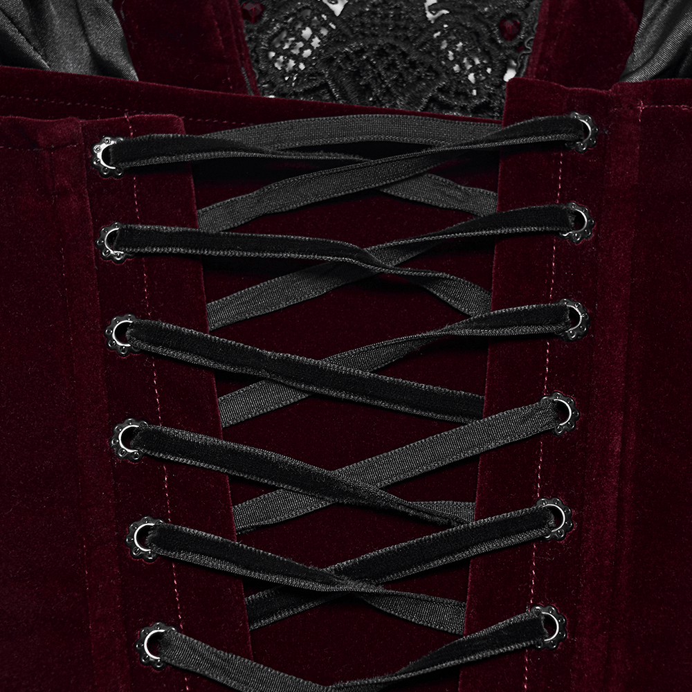 Bordeauxrotes Gothic-Korsett mit schwarzer Spitzenapplikation