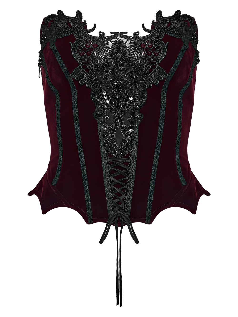Bordeauxrotes Gothic-Korsett mit schwarzer Spitzenapplikation