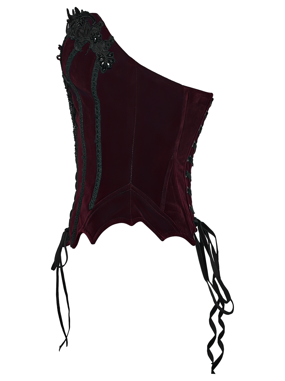Bordeauxrotes Gothic-Korsett mit schwarzer Spitzenapplikation