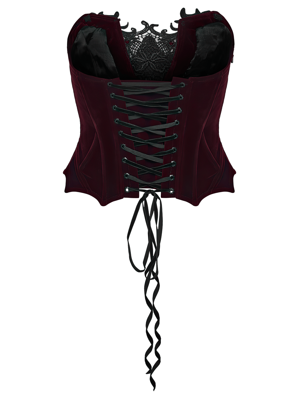 Bordeauxrotes Gothic-Korsett mit schwarzer Spitzenapplikation