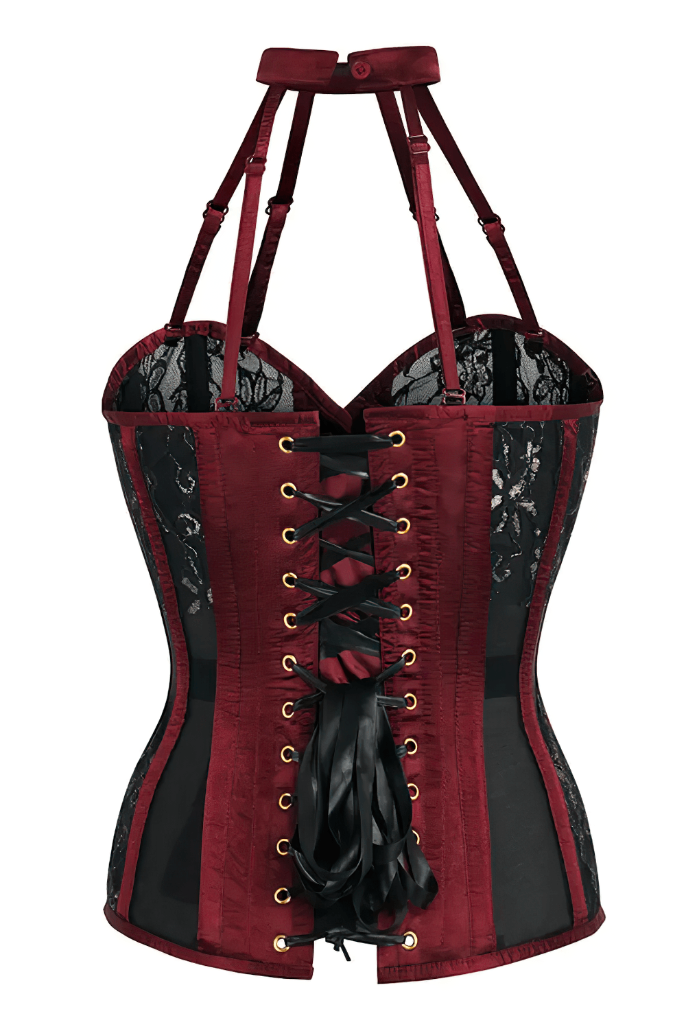 Burgundy Gothic Halter Overbust Corset With Choker featuring lace panels and a dramatic silhouette.