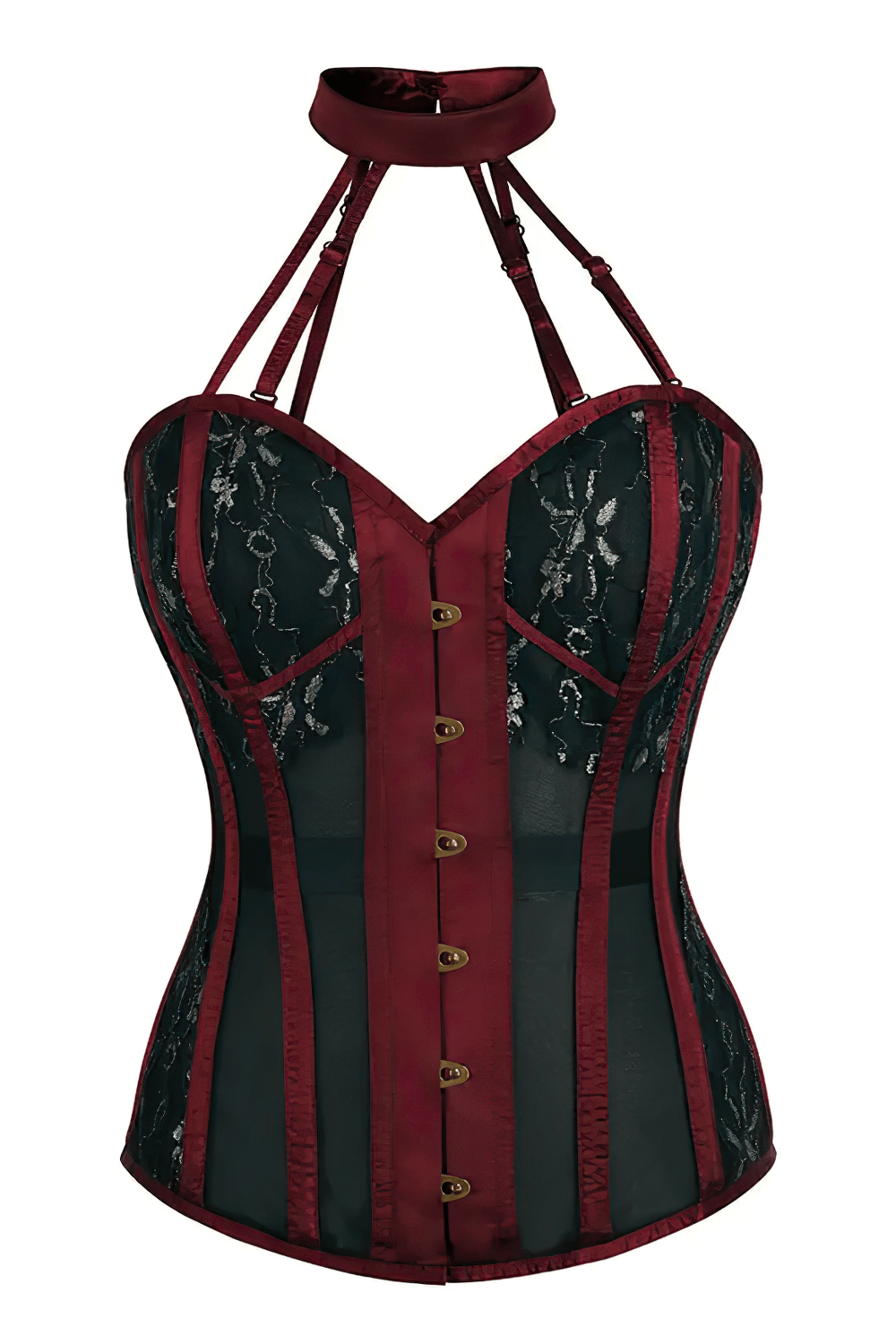 Burgundy Gothic Halter Overbust Corset With Choker featuring sheer floral panels and adjustable fit.