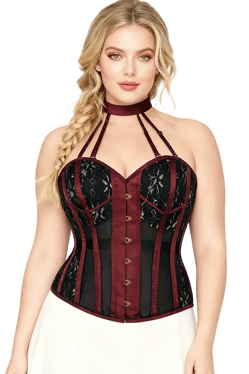Burgundy Gothic Halter Overbust Corset With Choker showcasing sheer floral panels and steel boning for a fitted silhouette.