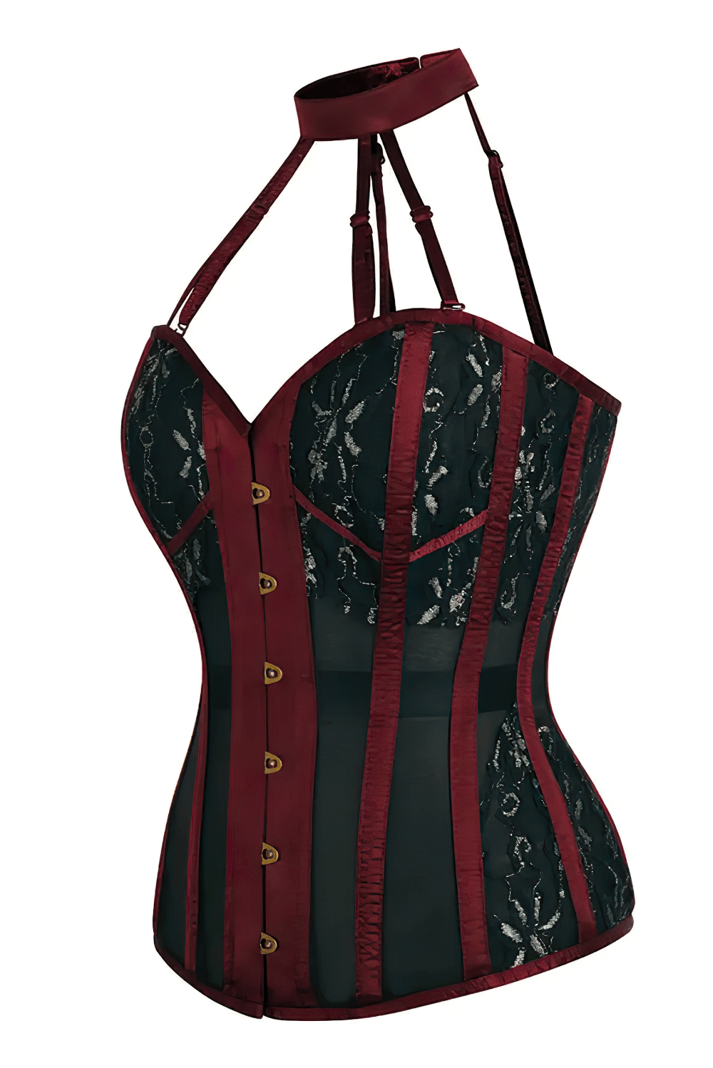 Burgundy Gothic Halter Overbust Corset With Choker showcasing intricate lace and bold burgundy accents.