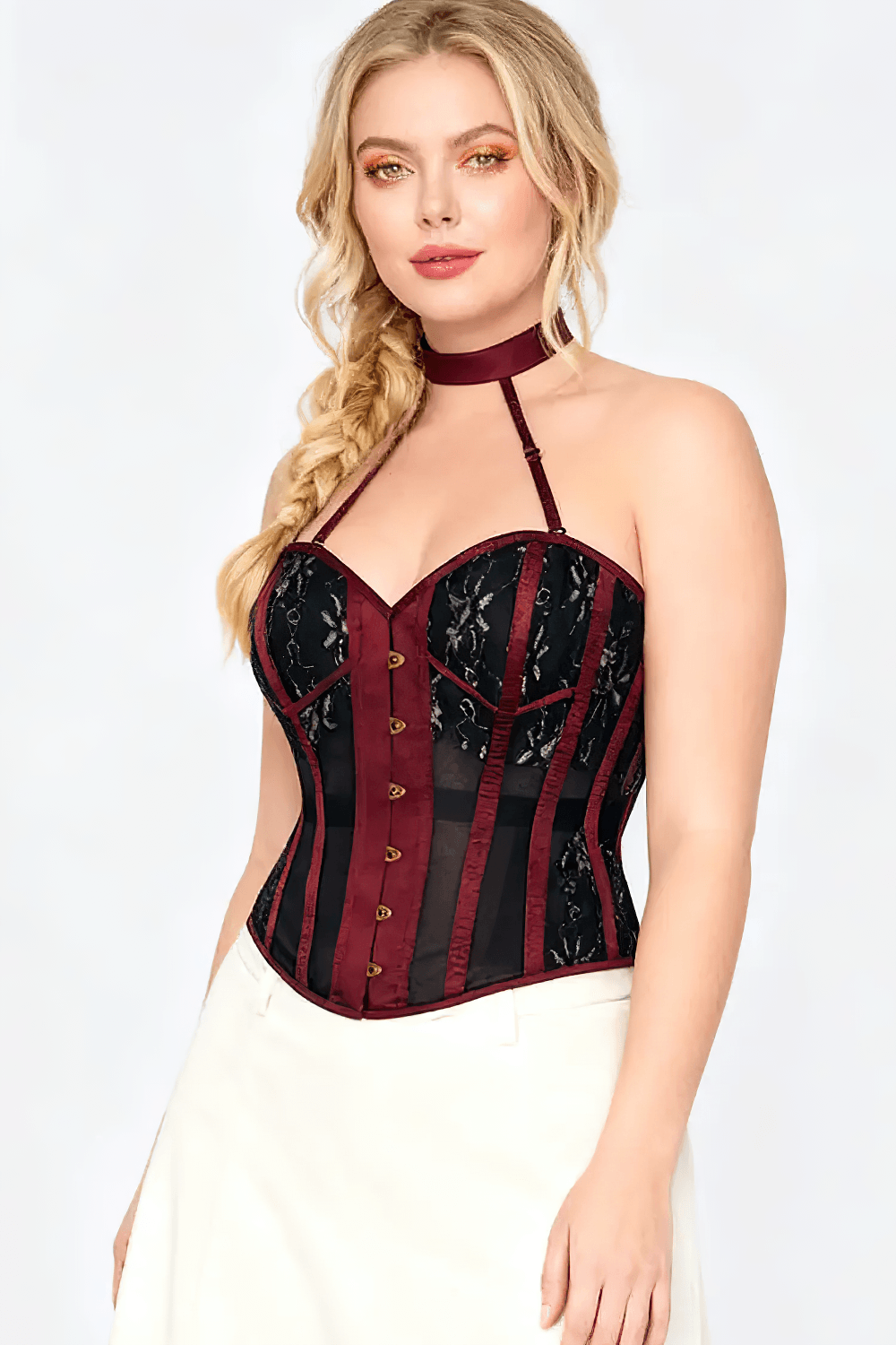 Burgundy Gothic Halter Overbust Corset With Choker, featuring sheer floral panels and steel boning for a dramatic silhouette.