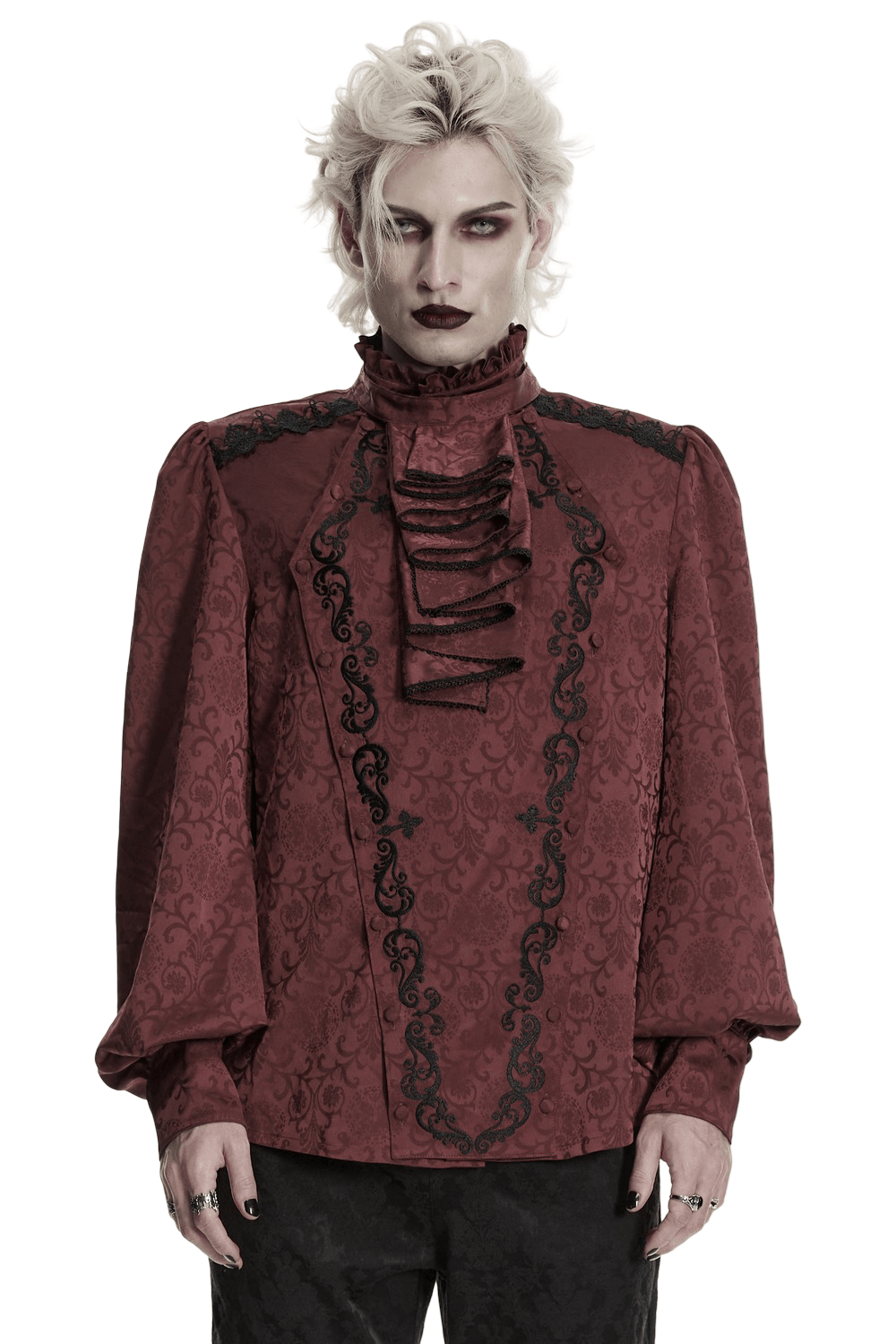 Burgundy Gothic Jacquard Shirt with Coffin Embroidery displayed on a model, featuring intricate detailing and a striking design.